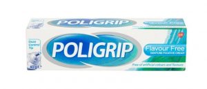 Dentures fixative cream Wimbledon - The image shows a box of Poligrip Flavour Free denture fixative cream, a product designed for secure denture fitting. This 40g product is prominently displayed with its packaging highlighting features such as an "Ooze Control Tip" and being "Free of artificial colours and flavours." Ridgway Dental, a dental clinic in Wimbledon, advises that proper oral care and the use of reliable fixative creams are essential to ensure dentures do not fall out, providing patients with confidence and comfort in their daily lives. The clear and detailed presentation of the cream emphasizes its role in providing secure, comfortable denture fitting, highlighting the importance of effective denture adhesives in oral care.